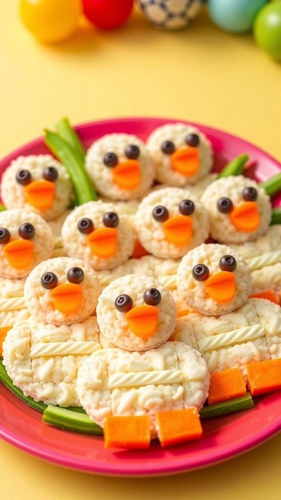 Cute duck emoji snacks made with rice cakes, cream cheese, and vegetables on a colorful platter.